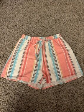 Striped Drawstring Linen Women’s Shorts - Coral Multi